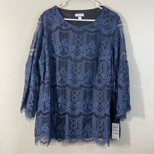NWT Charter Club Midnight Blue Bell Sleeve Layer Lace Blouse Women Size 1X